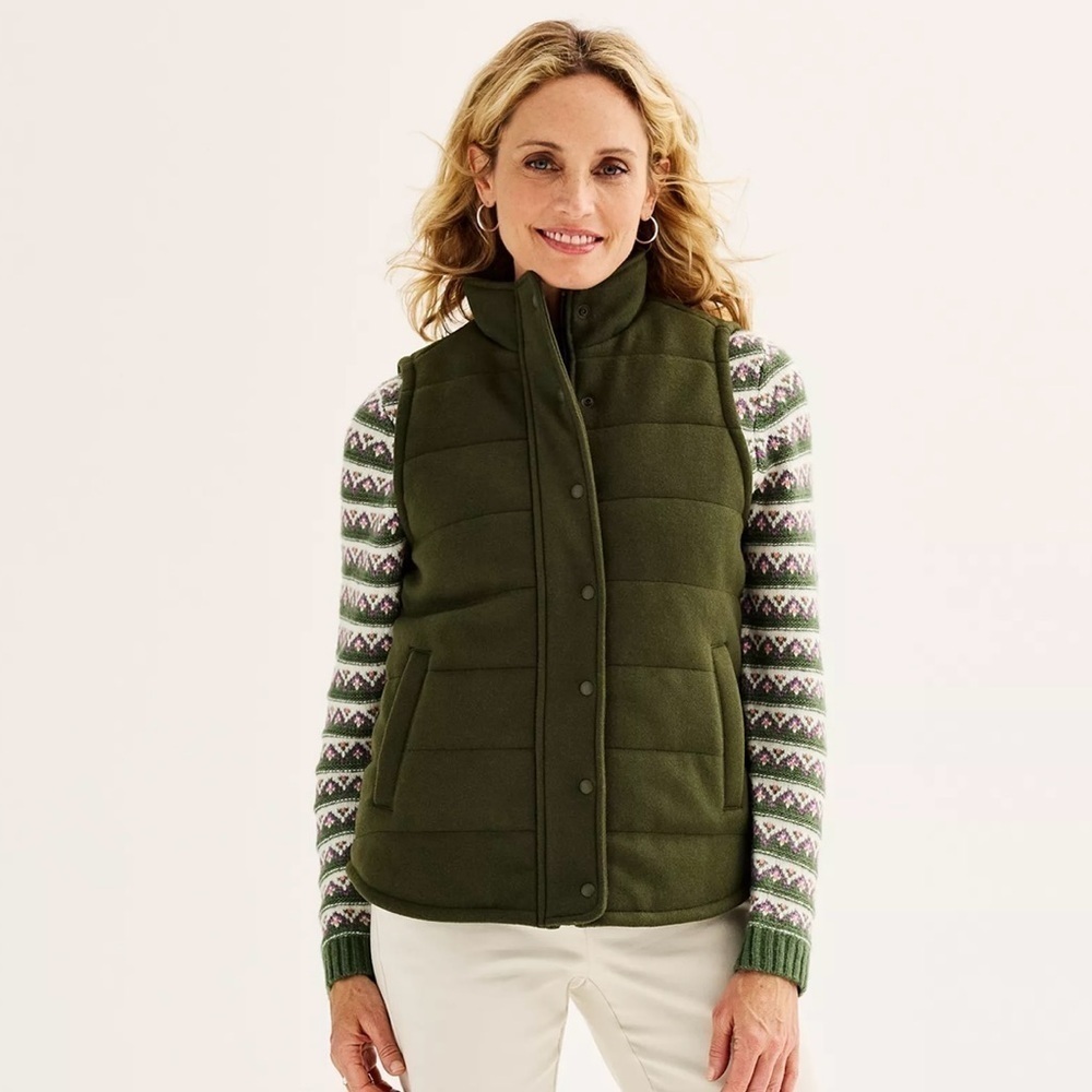 Croft & Barrow Woman's Quilted Vest Sleeveless Layering Khaki Army Green Size L